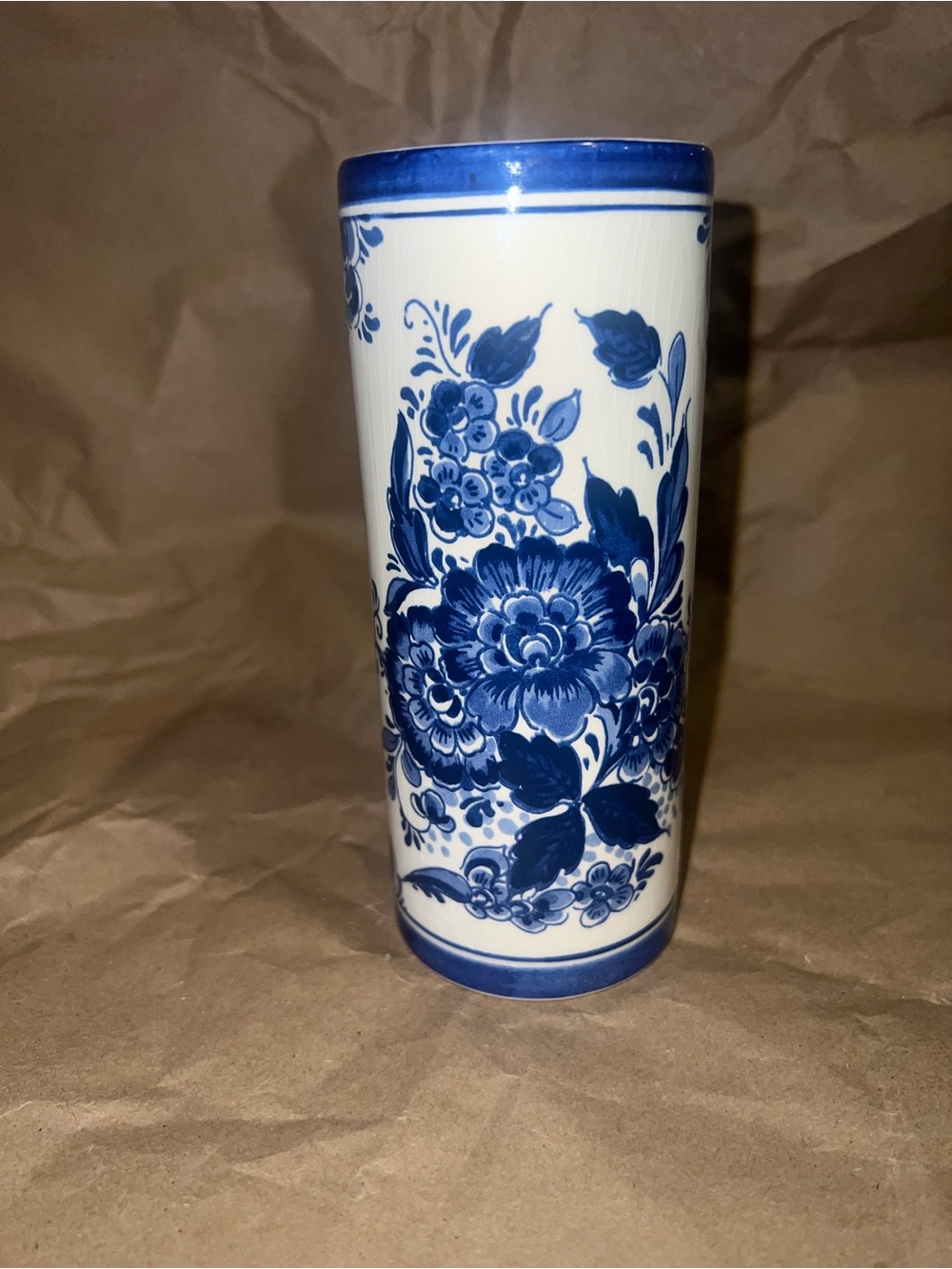 Vintage Delfts Handwerk Holland Blue & White Floral Cylinder Bud Vase Hand Paint